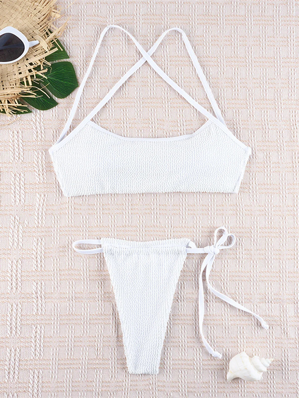 Bikini set with stylish crinkled texture, high cut, cross back, nylon, spandex, solid, wire free, low waist, women, two piece in black, blue, green, white, dark pink, multicolor.