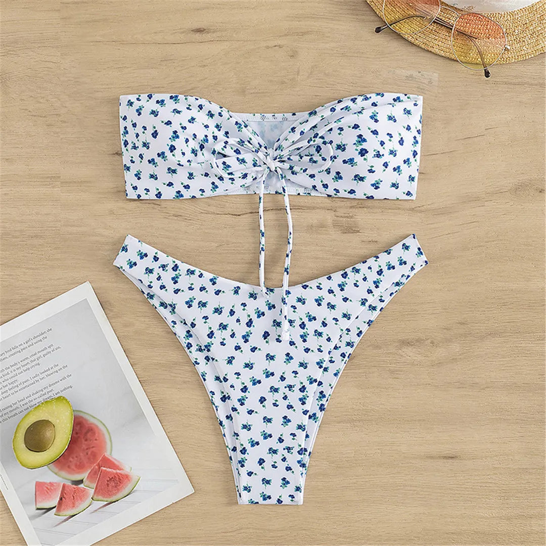 Floral Bandeau Bikini Set for Women, Gorgeous Flower Print Design, Wire-Free, Low Waist Swimwear, Ideal for Beach Escapades, Available in Sizes XS to L, Blossoming Garden Style