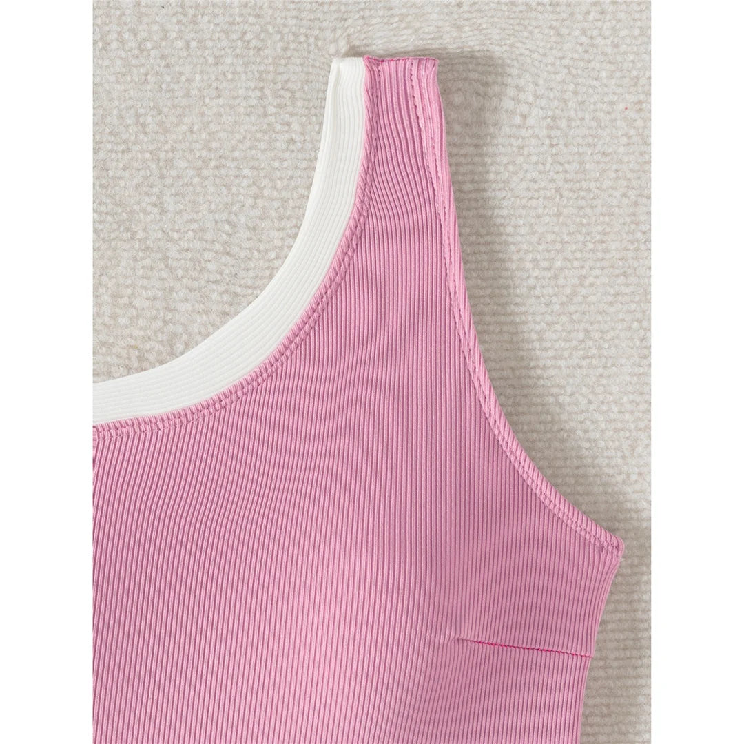 One-shoulder ribbed high-cut leg one-piece swimsuit with splicing design and padded support for women.