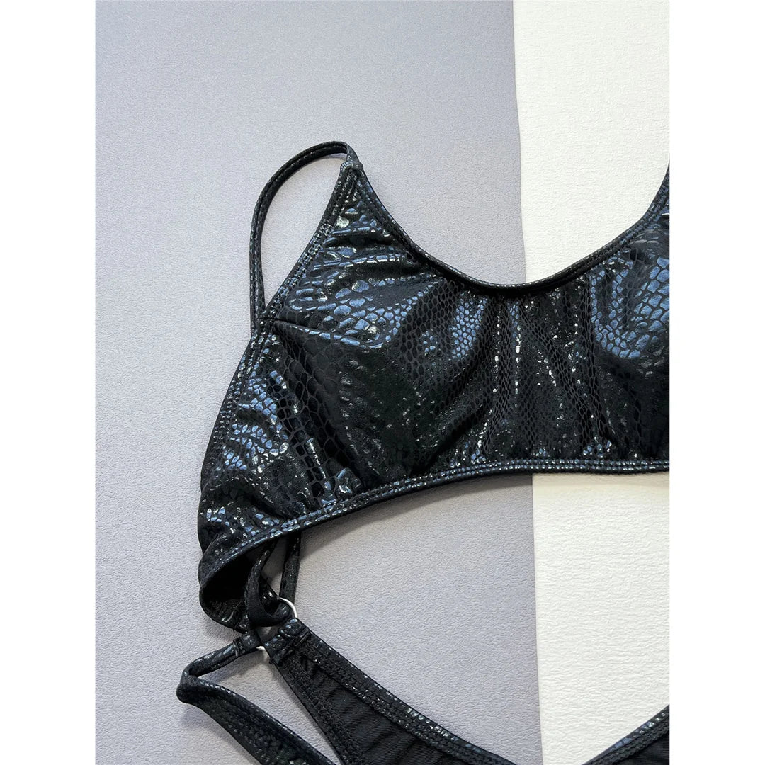 Snake Skin-Patterned One-Piece Swimsuit for Women, Featuring a Daring Tummy Cut-Out and Mini Micro Thong Back, High-Leg Cut Allure, Adventure Swimwear, Nylon and Spandex Material, Solid Pattern, Fits True to Size, Available Sizes: S to XL, Color: Black