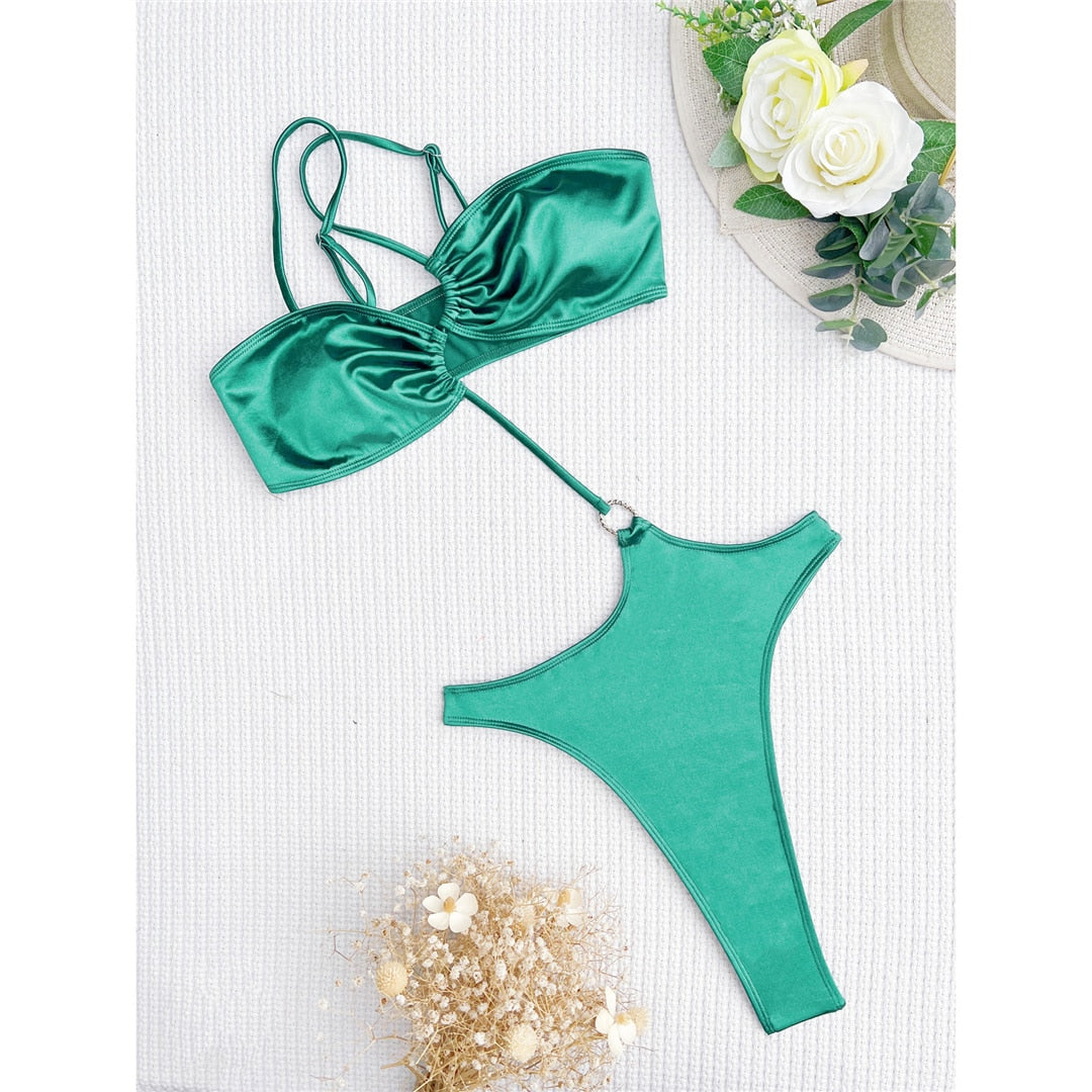 Green Asymmetric Extreme Mini Micro Thong One Shoulder Women Swimwear One Piece Swimsuit Female Bather Bathing Suit Swim Lady