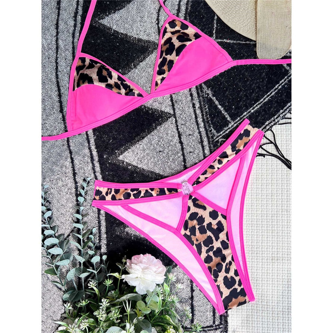 Splicing Leopard Animal Cheetah Printed Cut Out Bikini Women Swimwear Female Swimsuit Two-pieces Bikini set Bather Bathing Suit Swim Lady Brazilian Thong Hot Pink Cheeky