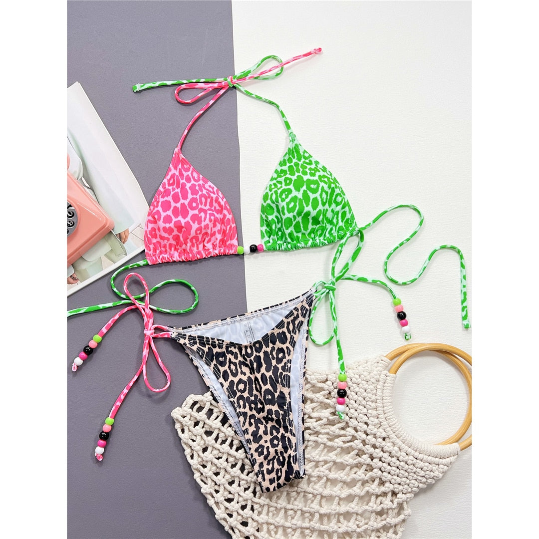 Sexy Leopard Printed Splicing Halter Bikini Women Swimwear Female Swimsuit Two-pieces Bikini set Bather Bathing Suit Swim
