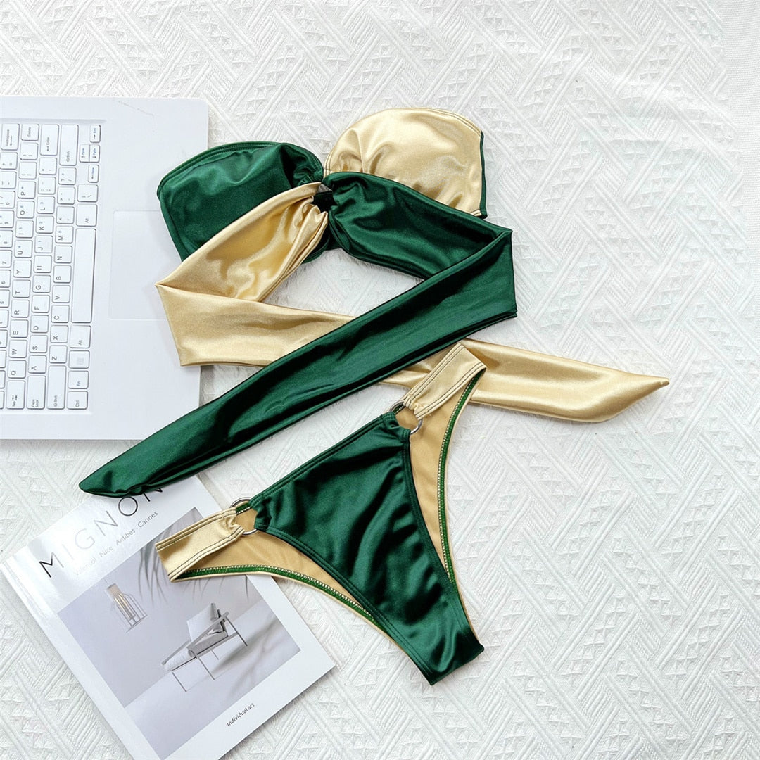 New Sexy Splicing Bandeau Strapless Bikini Women Swimwear Female Swimsuit Two-pieces Bikini set Bather Bathing Suit Swim Green Gold Yellow