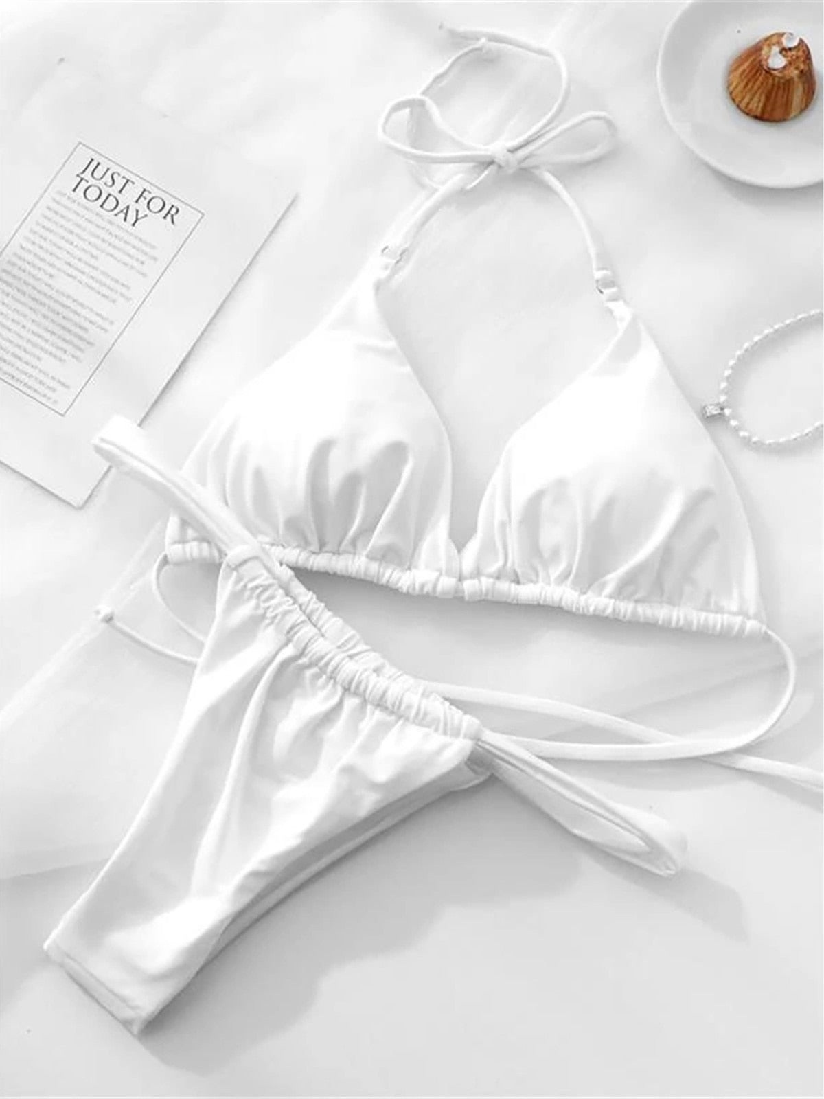 Sexy Wrinkled High Cut Thong Bikini Women Swimwear Female Swimsuit Two-pieces Bikini set Bather Bathing Suit Festival Swim Lady Brazilian Micro Cheeky Bride Bridal White