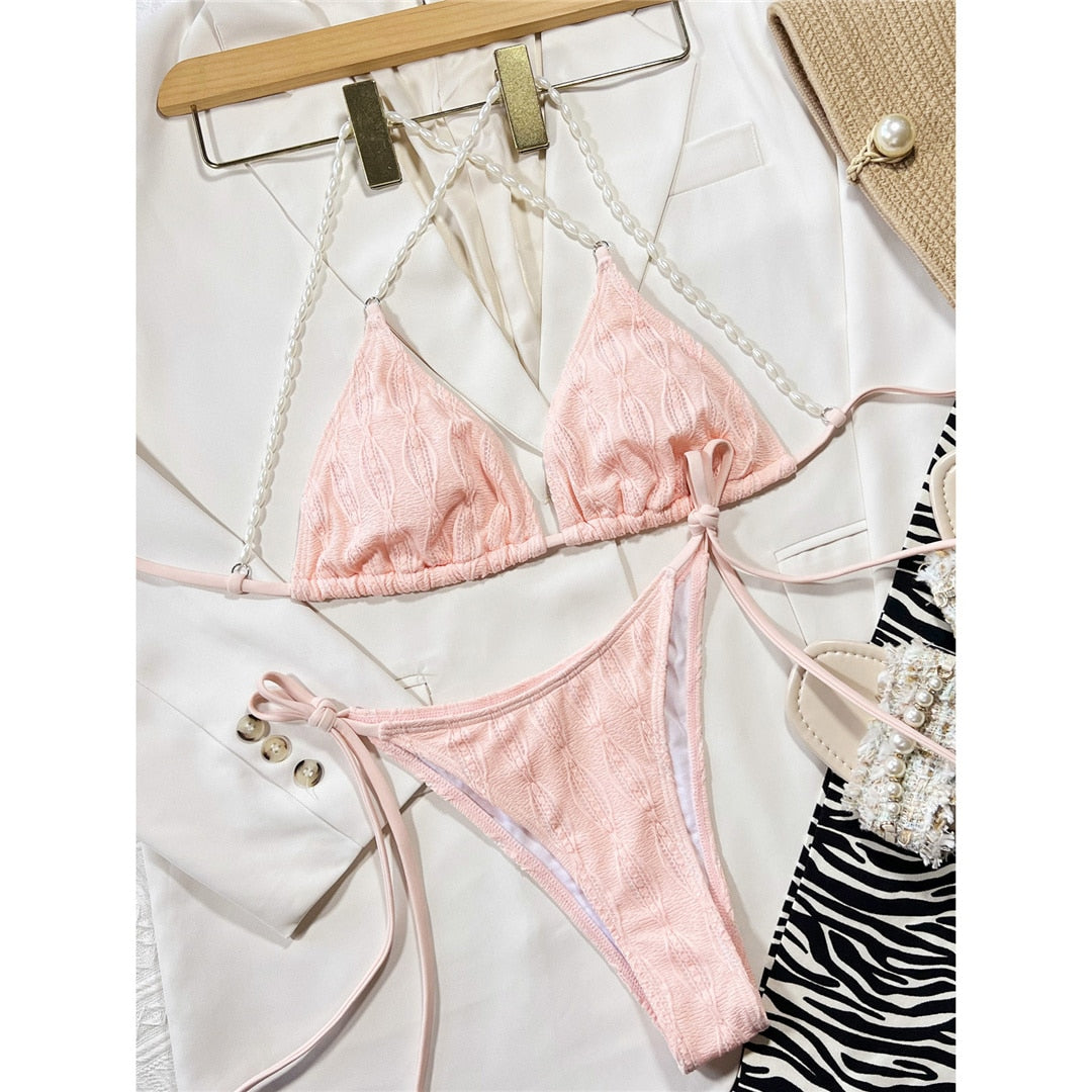 Light Pink Wrinkled Pearls Halter Bikini Female Swimsuit Women Swimwear Two-pieces Bikini set Cross Back Bather Bathing Suit Swim