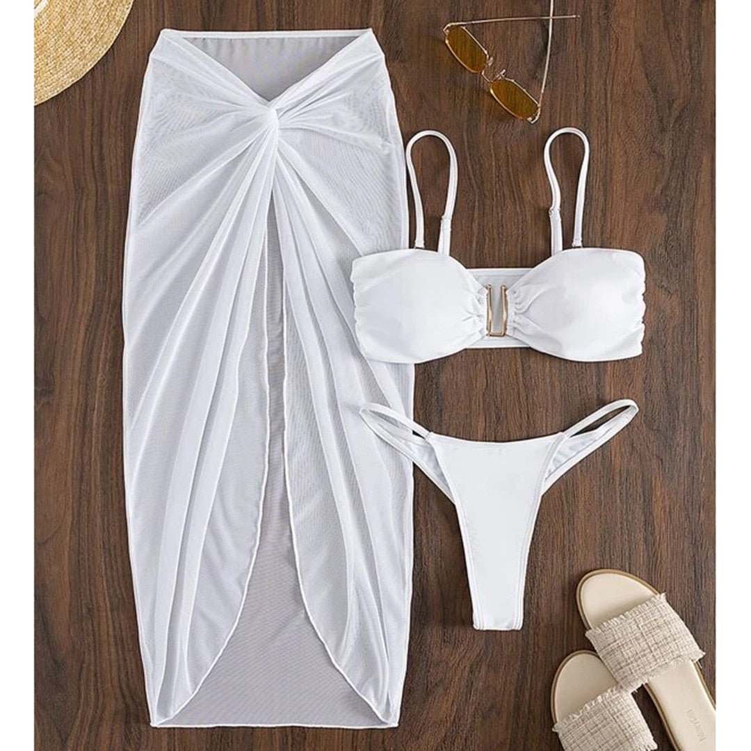 Wrinkled High Cut Bikini With Sarong - CUVATI
