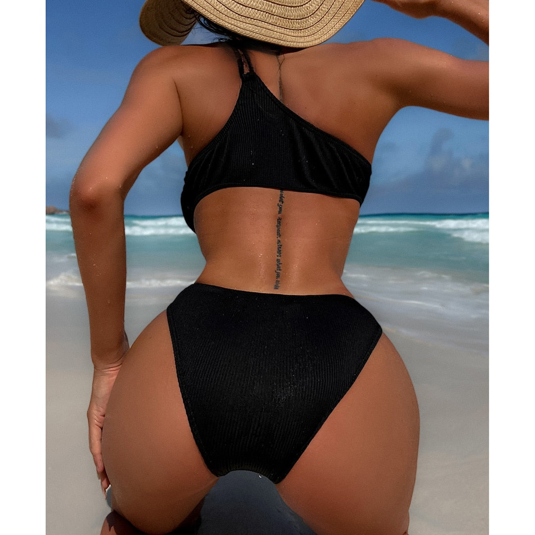 Black Sexy Cut Out Asymmetric One Shoulder Backless Monokini Women Swimwear One Piece Swimsuit Female Bather Bathing Suit Swim