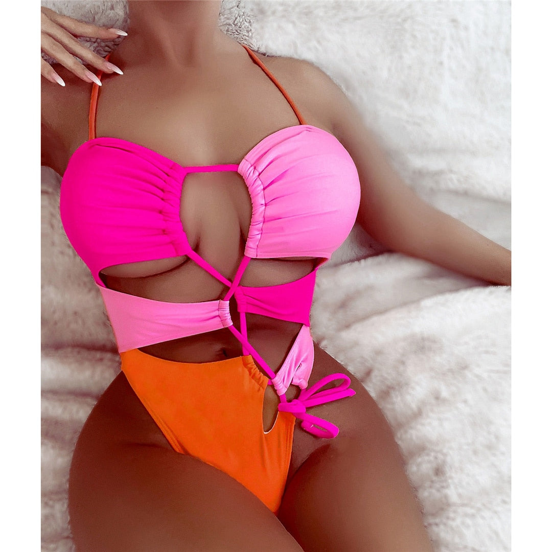 Splicing Cut Out Lace Up One Piece Swimsuit