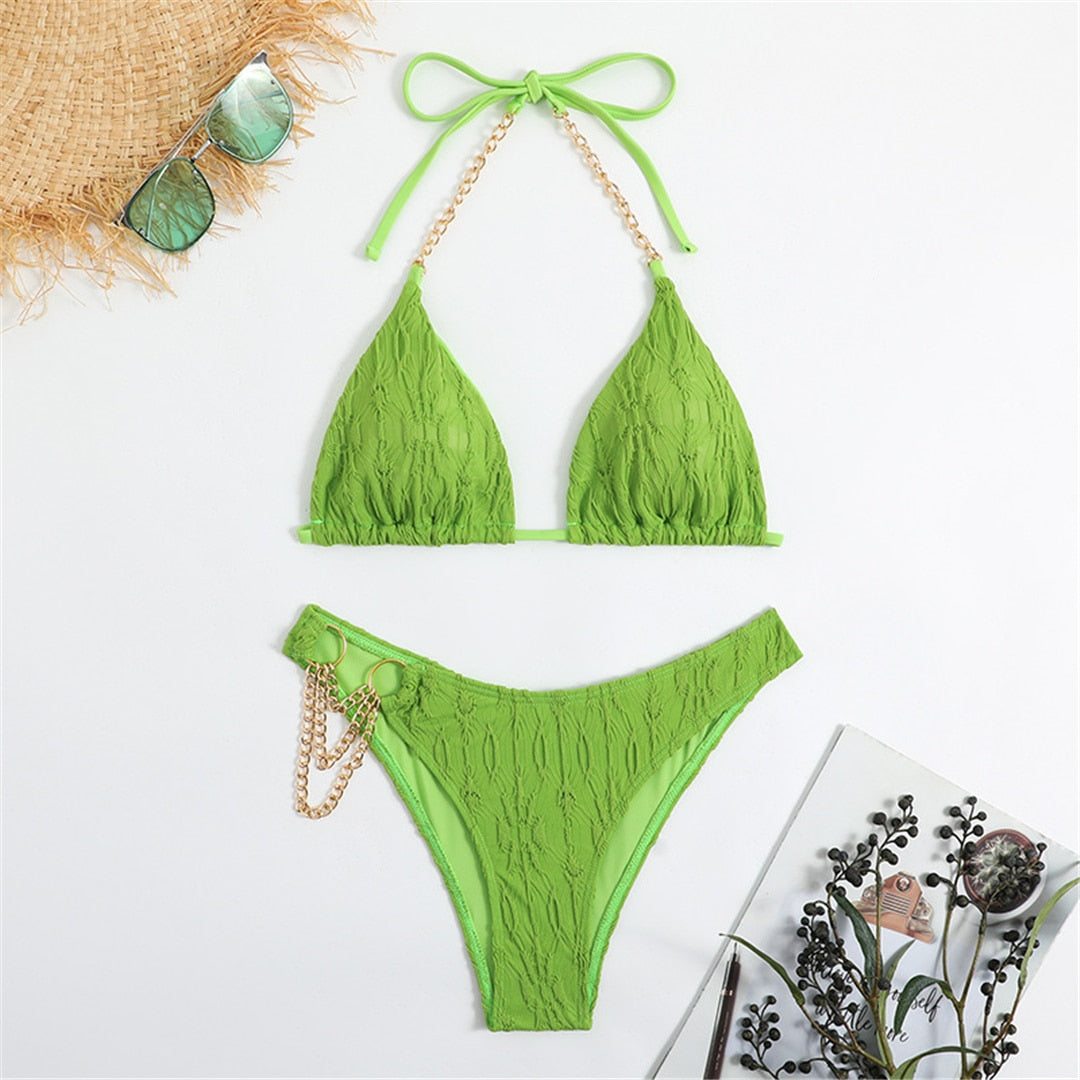 Green Halter Wrinkled Metal Chain Ring Brazilian Bikini Women Swimwear Female Swimsuit Two-pieces Bikini set Bather Bathing Suit Swim
