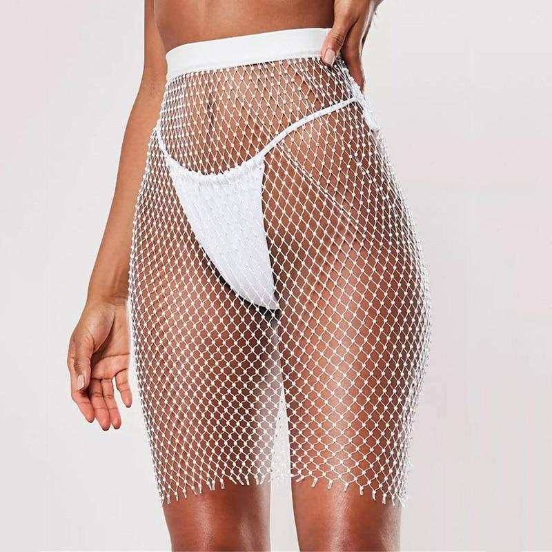 Sexy Black Club Elastic Skirt - Shiny Rhinestone Diamond Fishnet