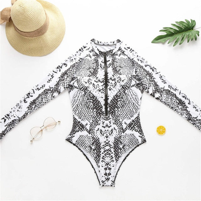 White Sneak Print Zipper Full Sleeve One Piece Swimsuit