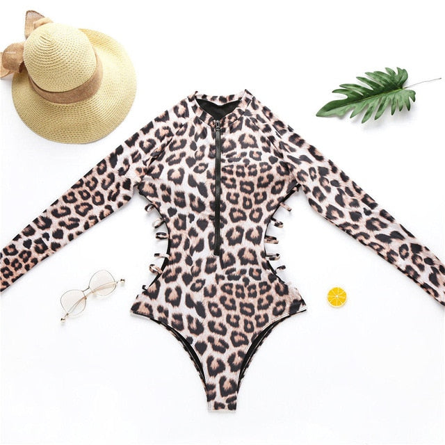 Cheetah Zipper Full Sleeve One Piece Swimsuit