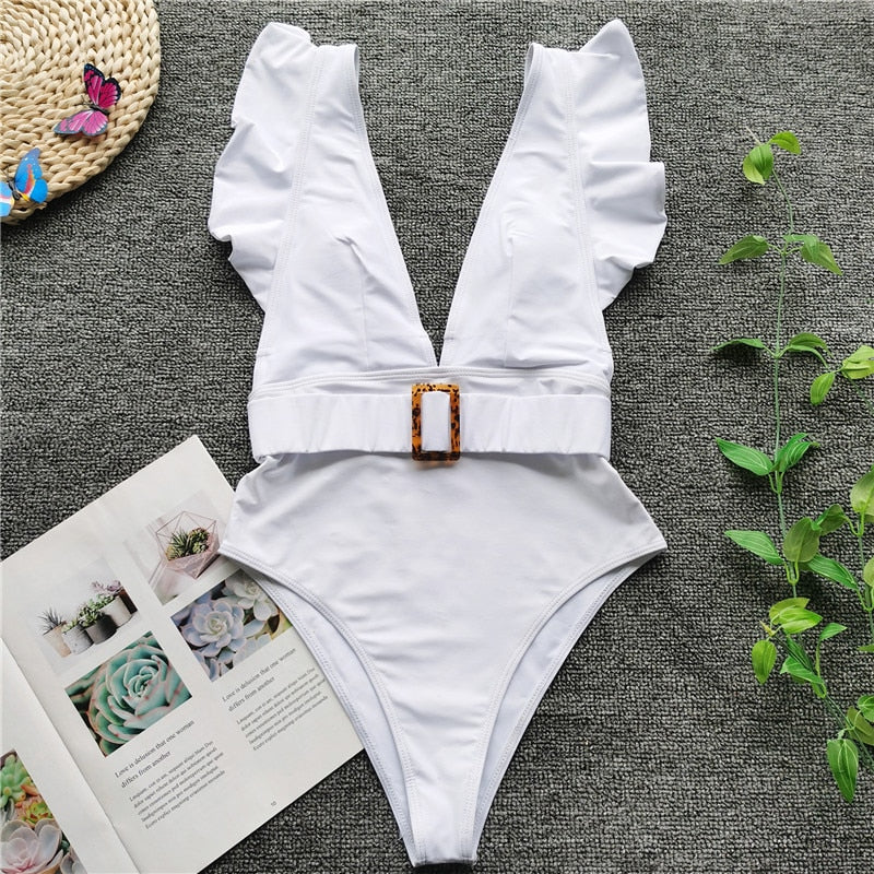 White Deep V Neck One piece Swimsuit