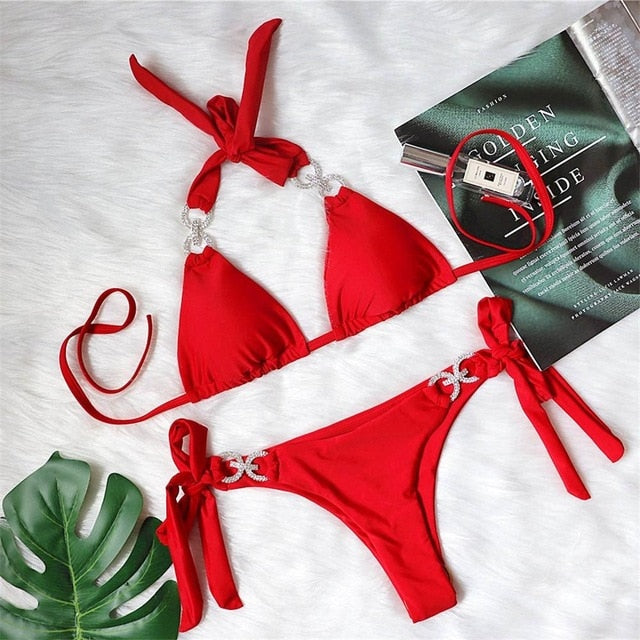 Red Halter Diamond Ring Bikini crystal bikini embellished bikini diamante bikini rhinestone bathing suits rhinestone bikini set diamond swimsuit cover up rhinestone bra fashion nova luxury bikini sparkly bikini expensive swimsuit