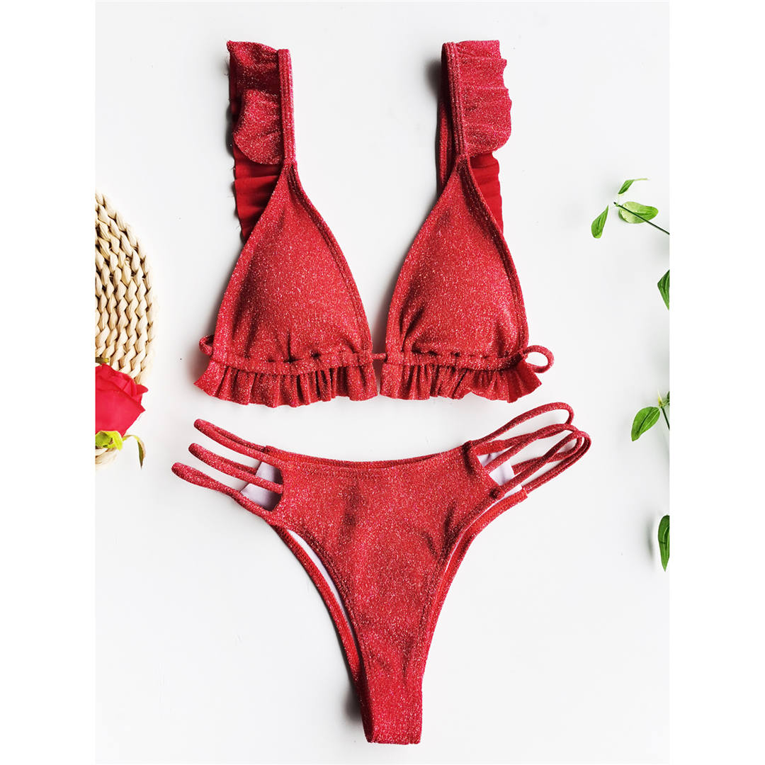 Red Ruffled Frilled Shiny Bikini