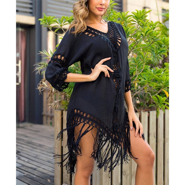 Black NEW Sexy Tassel Cover Ups Tunic Swimsuit Beach Dress Tropical Hollow Out Beachwear Black Backless Summer Swimwear