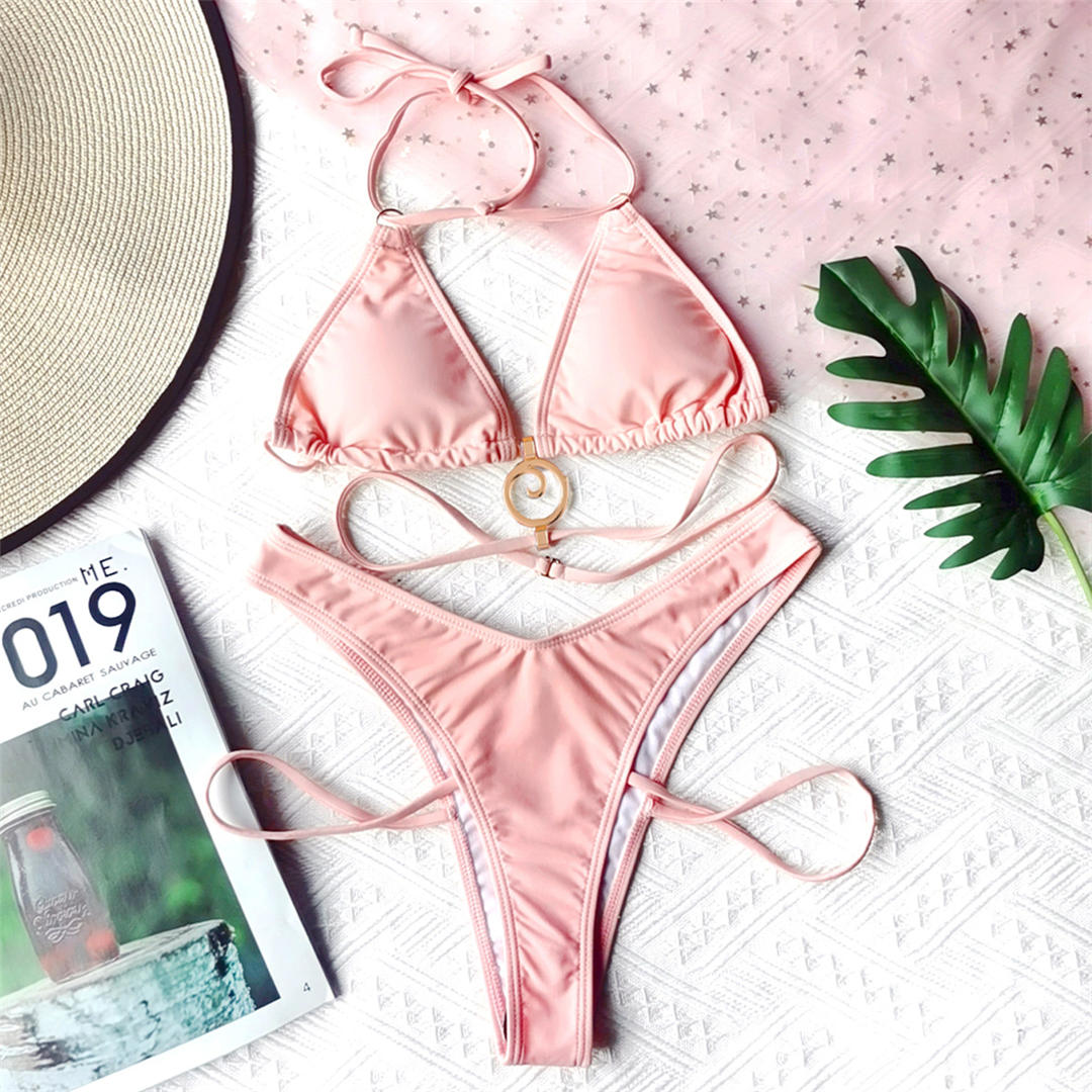 Pink New Halter Wrap Around Bikini Women Swimwear Female Swimsuit Two-pieces Bikini set Brazilian Bather Bathing Suit Swim Lady 