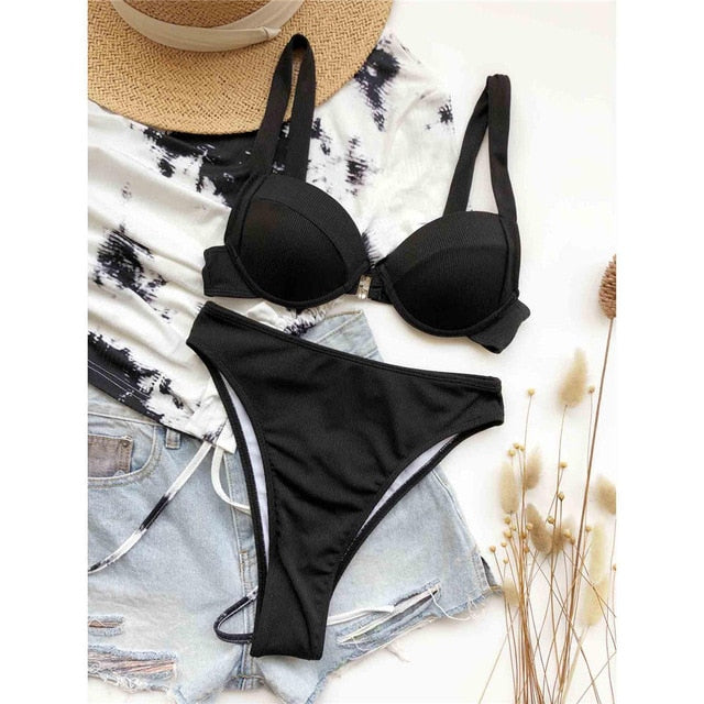 Black High Waist Bikini Push Up Swimsuit Female Swimwear Women Two-pieces Bikini set With Bra Cup Bather Bathing Suit Swim Lady
