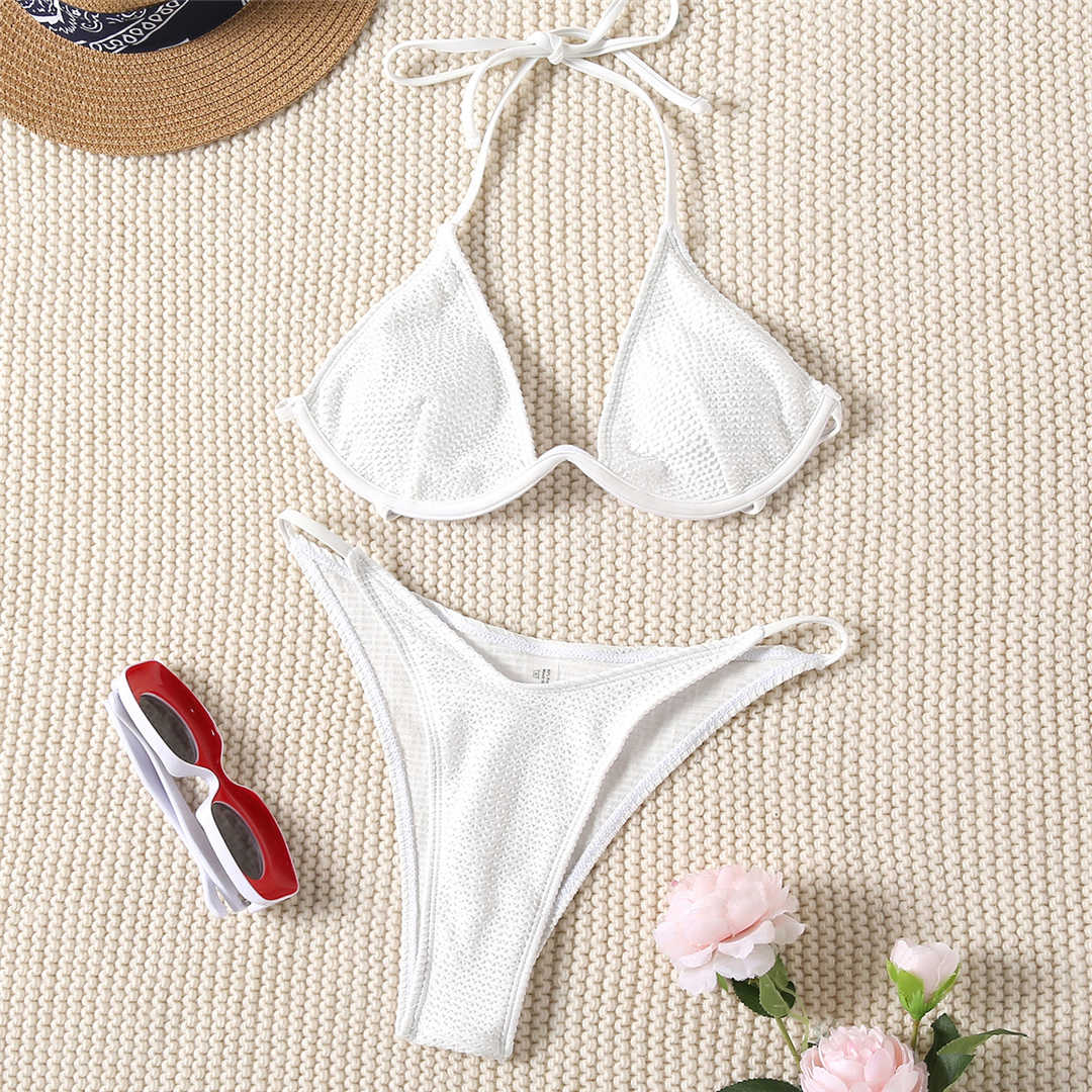 All white Halter V-bar Underwired Bikini Women Swimwear Female Swimsuit Two-pieces Bikini set High Leg Cut Bather Bathing Suit Swim