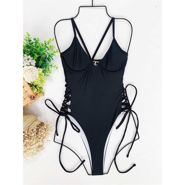 Lace Up Underwired One Piece Swimsuit
