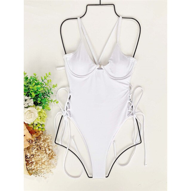 Lace Up Underwired One Piece Swimsuit
