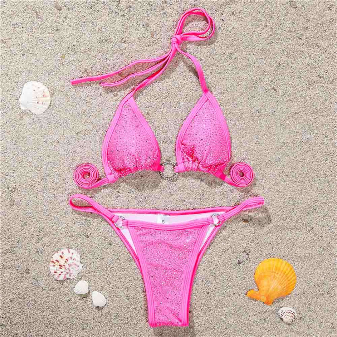 Pink Micro Thong Brazilian Cheeky Bling Rhinestone Mini Bikini Female Swimsuit Women Swimwear Two-pieces Bikini set Bather Bathing Suit Swim Lady neon
