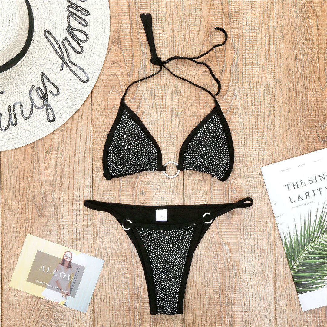 Black Micro Thong Brazilian Cheeky Bling Rhinestone Mini Bikini Female Swimsuit Women Swimwear Two-pieces Bikini set Bather Bathing Suit Swim Lady
