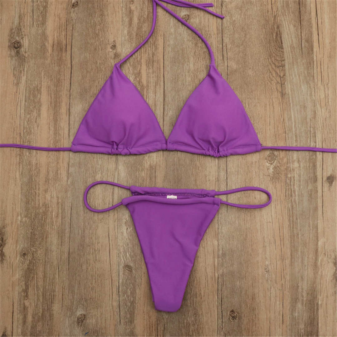 Purple Brazilian Micro New Sexy Halter Tiny Thong Elastic Soft Bikini Women Swimwear Female Swimsuit Two-pieces Bikini set Padded Mini Bather Bathing Suit