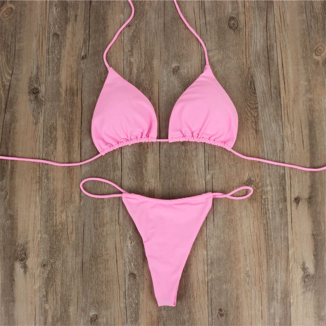 Pink Brazilian Micro New Sexy Halter Tiny Thong Elastic Soft Bikini Women Swimwear Female Swimsuit Two-pieces Bikini set Padded Mini Bather Bathing Suit