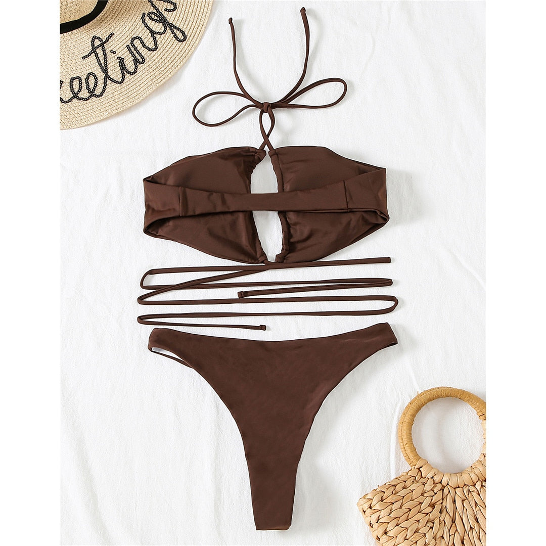 Halter Lace Up Wrap Around Bikini