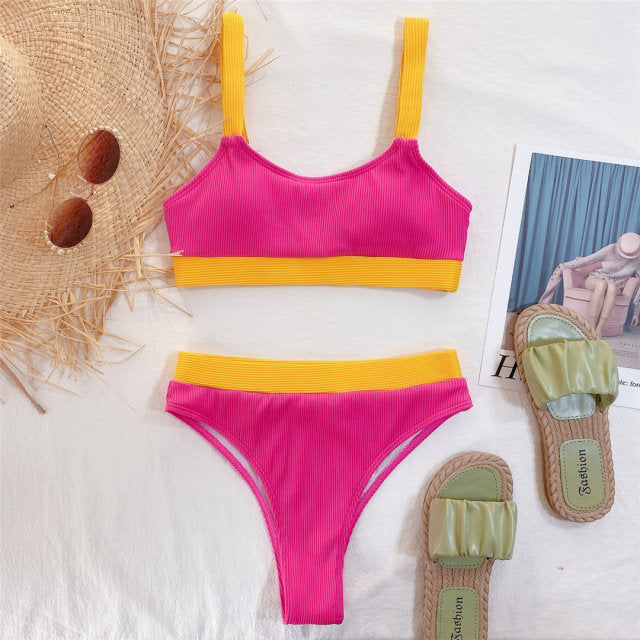 Pink S - XL Splicing Ribbed High Waist Bikini Female Swimsuit Women Swimwear Two-pieces Bikini set Bather Bathing Suit Swim