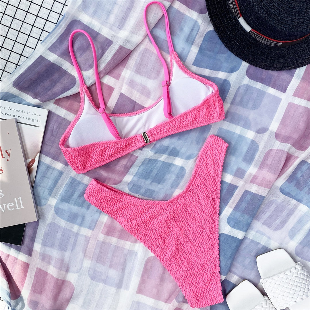 Pink New Sexy Ribbed Padded Bikini Female Swimsuit Women Swimwear Two-pieces Bikini set Mid Waist Bather Bathing Suit Swim