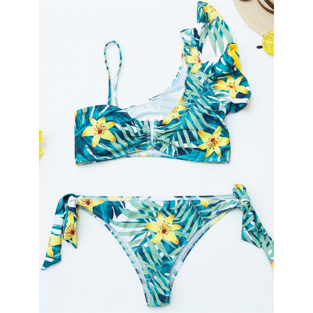 Leaves Printed Asymmetric V Shaped Bikini Female Swimsuit Women Swimwear Two-pieces Bikini set Bather Bathing Suit Swim
