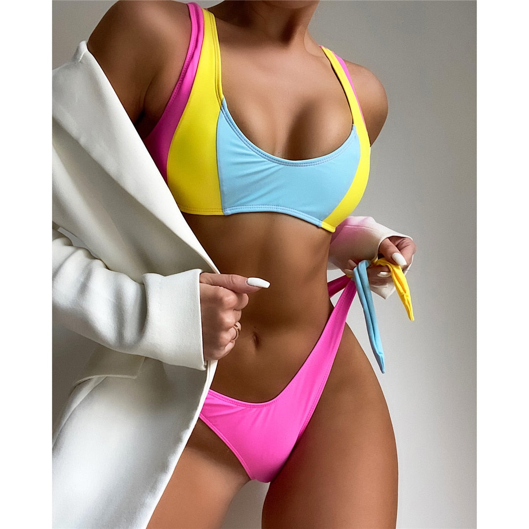 Miami Vice  Colorful Splicing Bikini Women Swimwear Female Swimsuit Two-pieces Bikini set Patchwork Bather Bathing Suit Swim