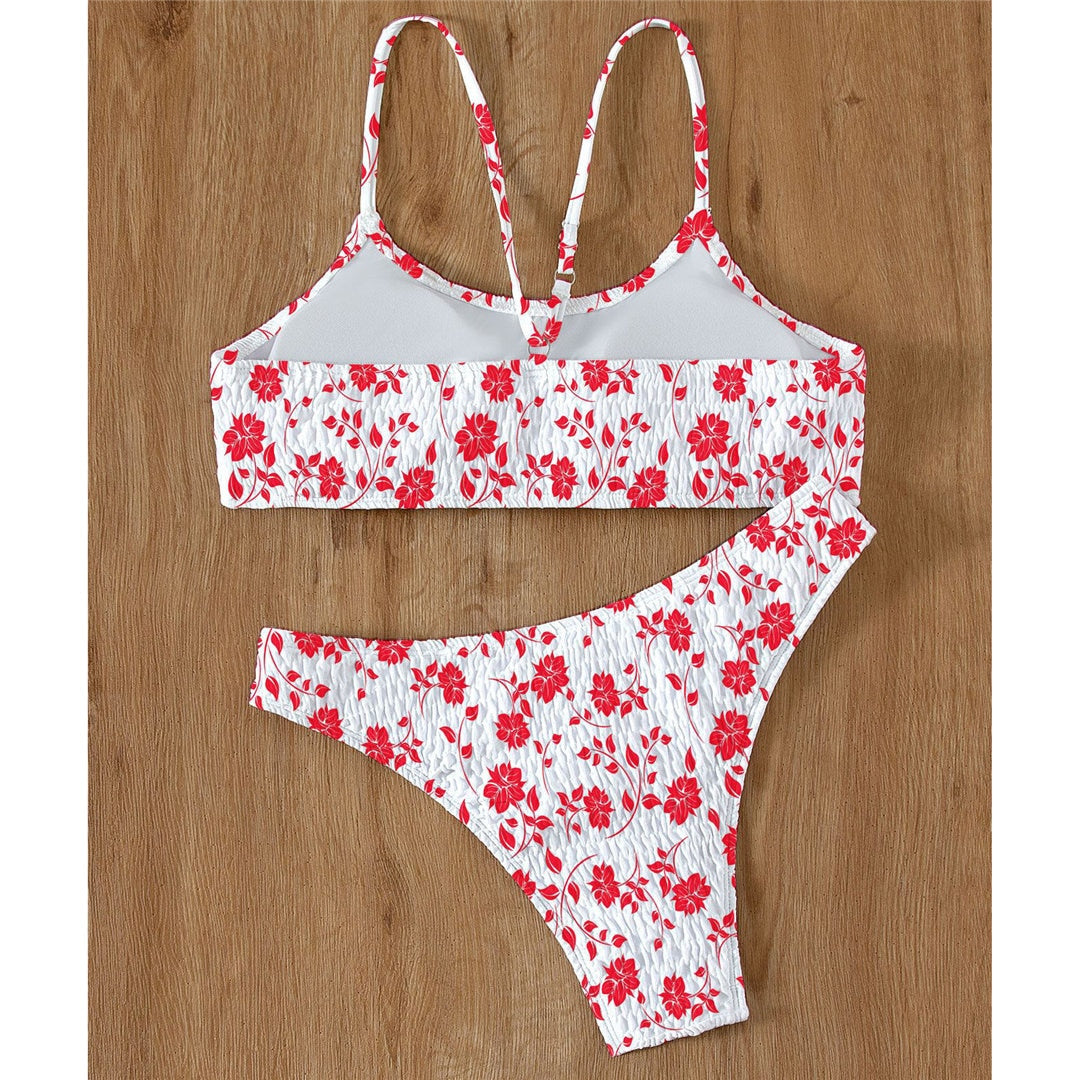 Red Sexy Flower Printed Wrinkled High Cut Bikini Women Swimwear Female Swimsuit Two-pieces Bikini set Bather Bathing Suit Swim