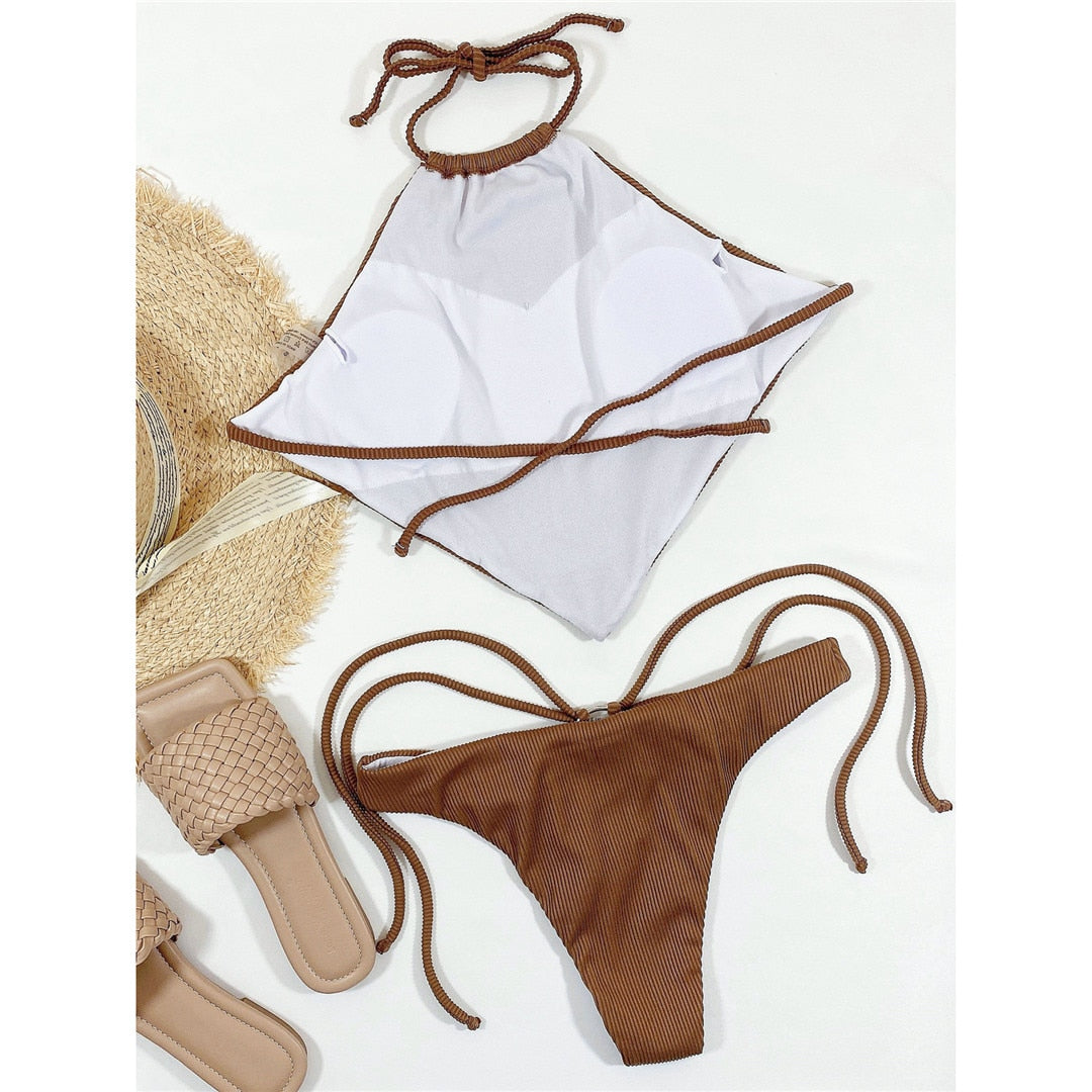 Brown High Neck Halter Ribbed Bikini
