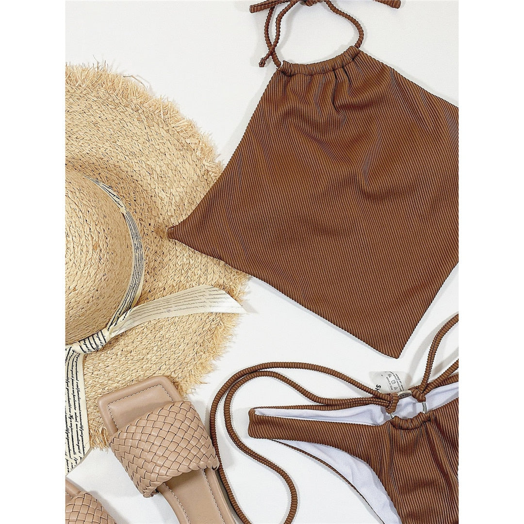 Brown High Neck Halter Ribbed Bikini