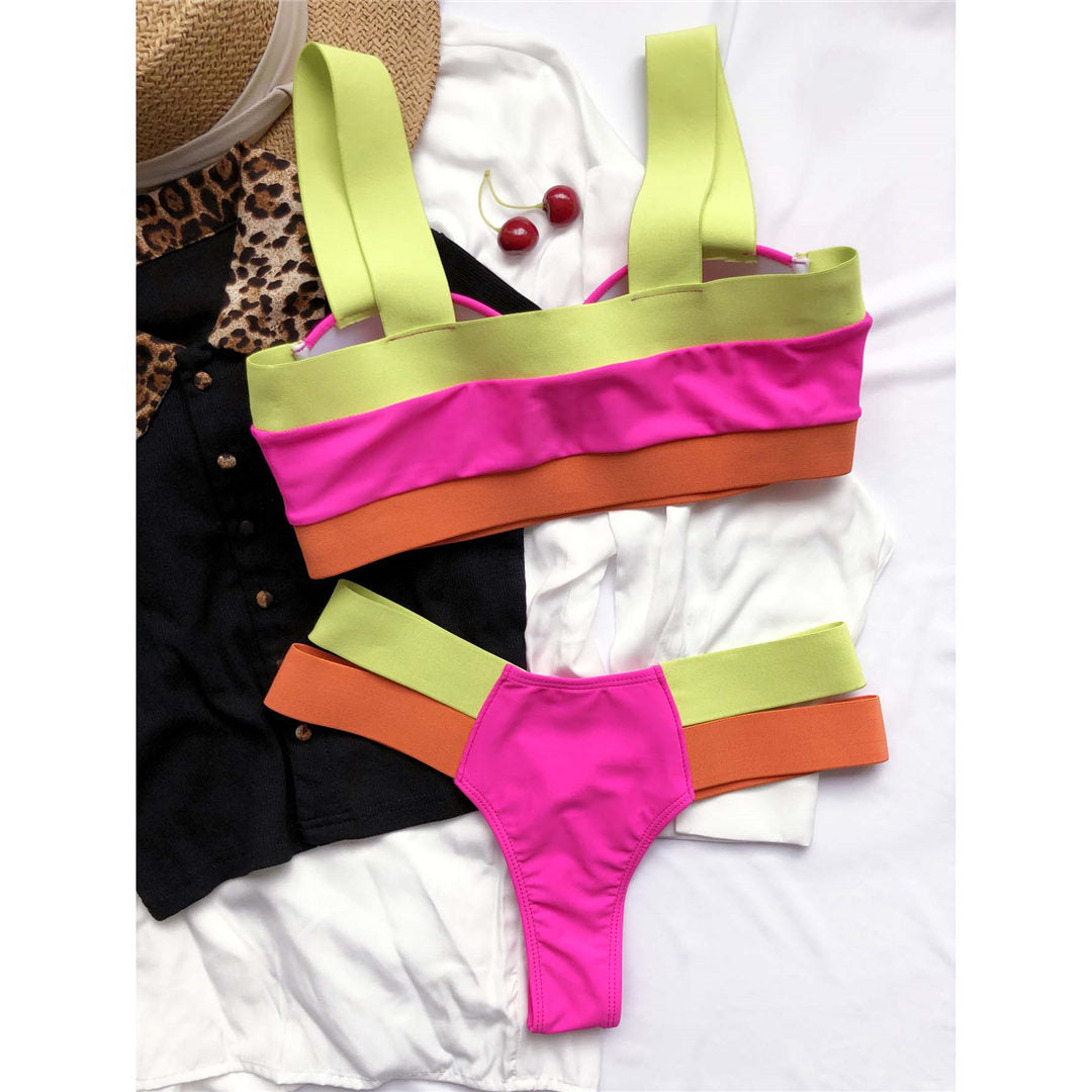 Pink Splicing Push Up Bikini Female Swimwear Women Swimsuit Two-piece Bikini set With Bra Cup Strappy Bather Bathing Suit Swim