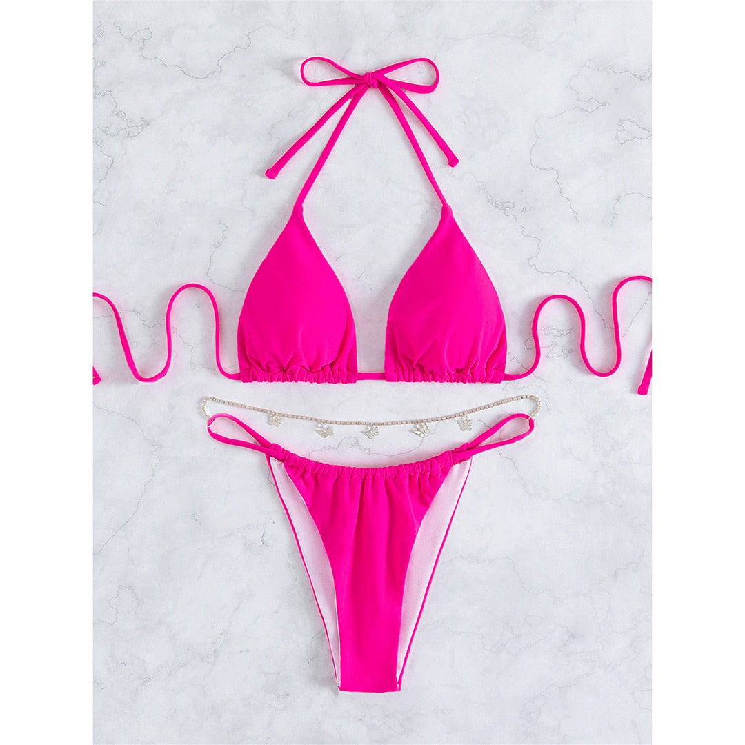 Hot Pink With Bling Chain Halter Bikini Female Swimsuit Women Swimwear Two-pieces Bikini set High Cut Bather Bathing Suit Swim Lady Brazilian
