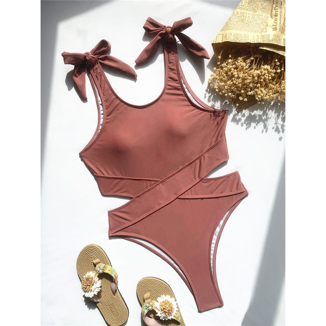 Brown  View original product Sexy New Cut Out Knotted Brown One Piece Swimsuit Women Swimwear Female Padded High Leg Cut Bather Bathing Suit Swim Lady