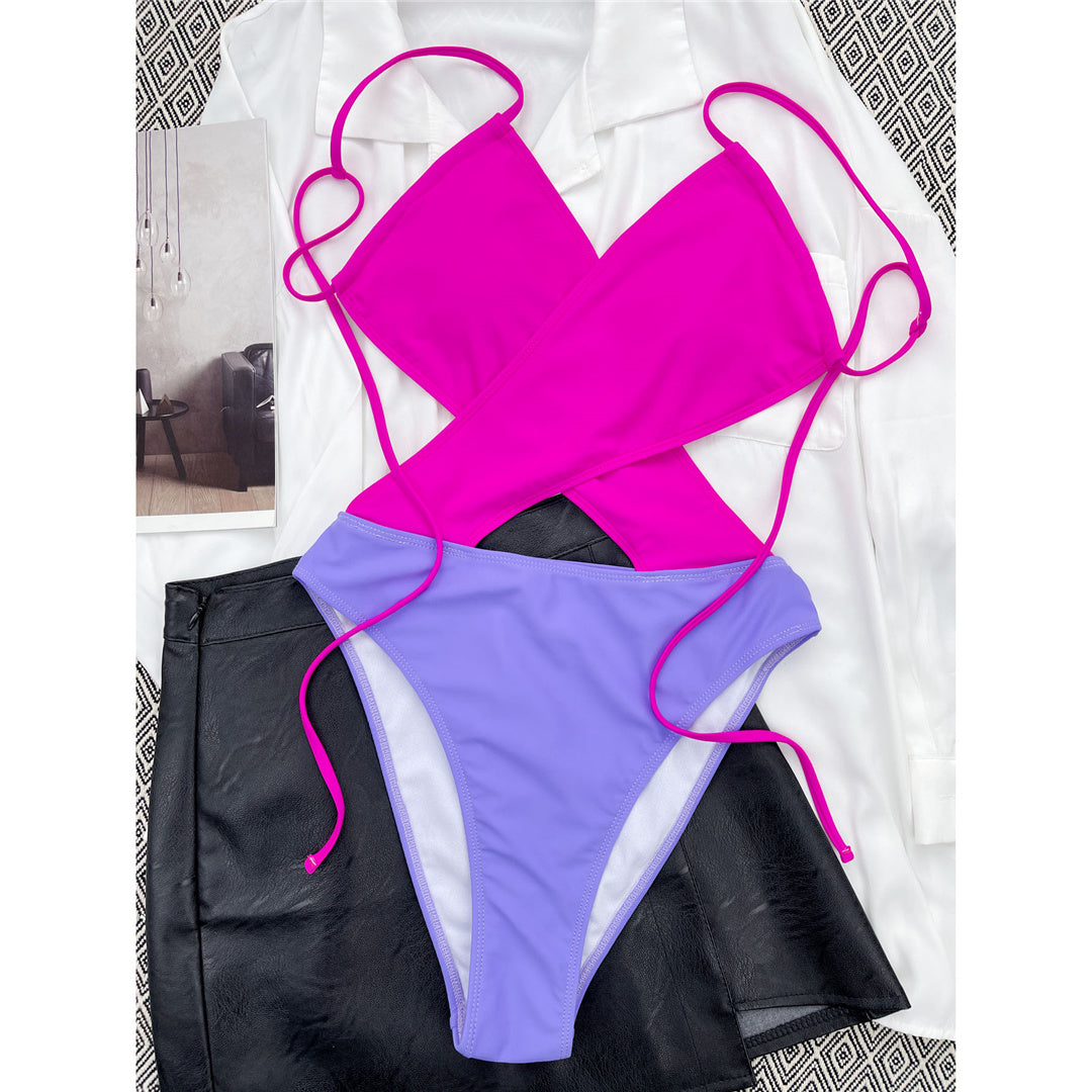 Pink Purple New Splicing Cut Out Backless Monokini One Piece Swimsuit Women Swimwear Female High Cut Bather Bathing Suit Swim