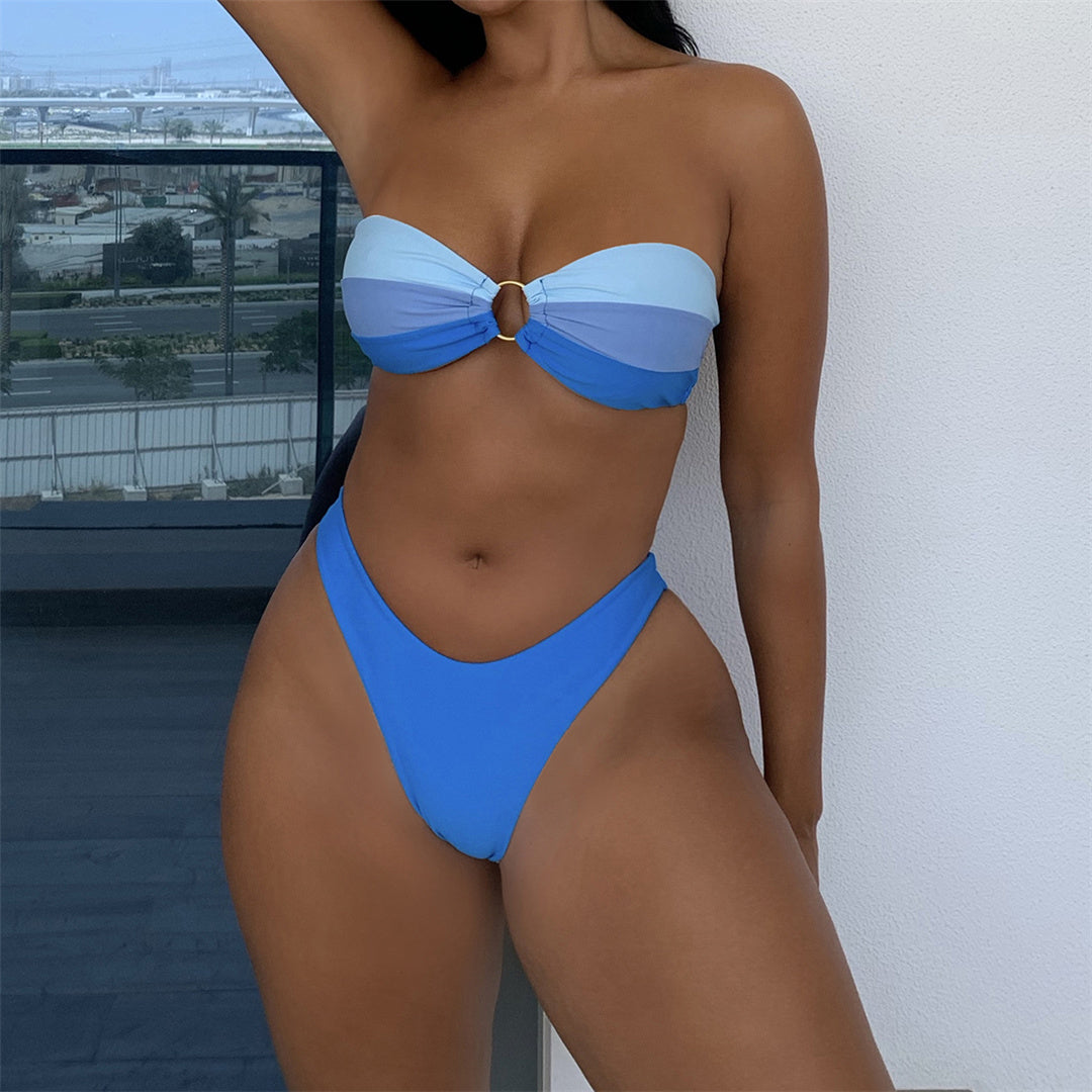 Blue Sexy Splicing Bandeau Mid Waist Bikini Women Swimwear Female Swimsuit Two-pieces Bikini set Bather Bathing Suit Swim Lady