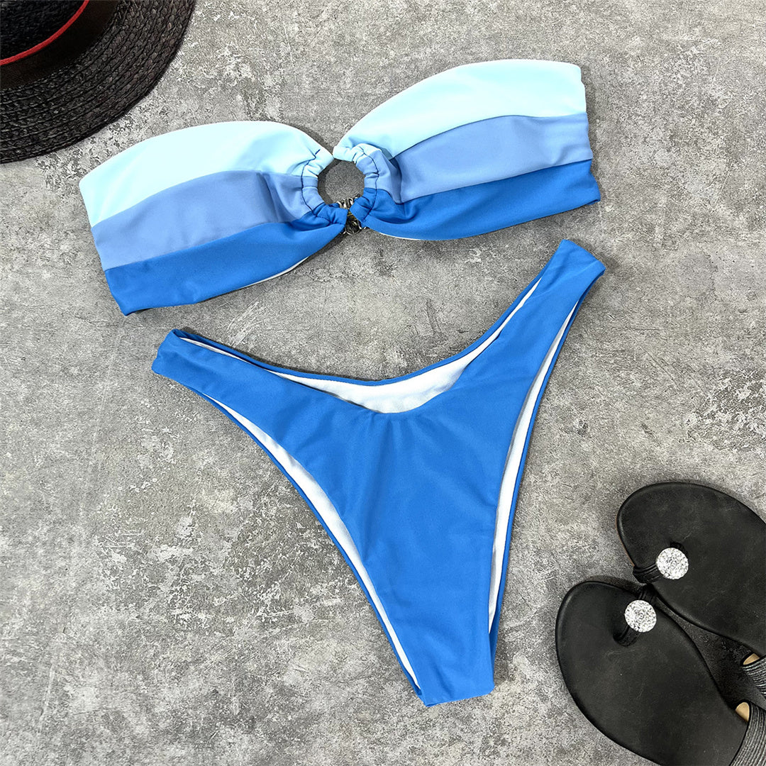 Blue Sexy Splicing Bandeau Mid Waist Bikini Women Swimwear Female Swimsuit Two-pieces Bikini set Bather Bathing Suit Swim Lady