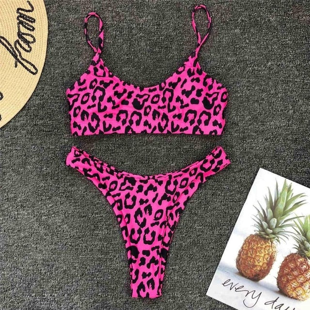 pink Animal Print Bikini bottoms bikini top