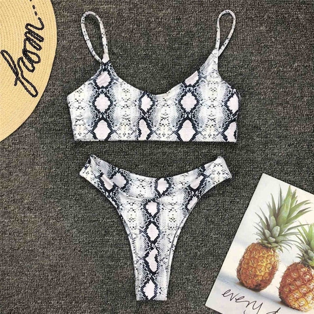 White snakeprint Animal Print Bikini bottoms bikini top